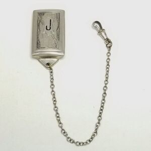 Vintage Watch Chain, J Monogram Slide and Dog Clip, True Silver Plate. Estate